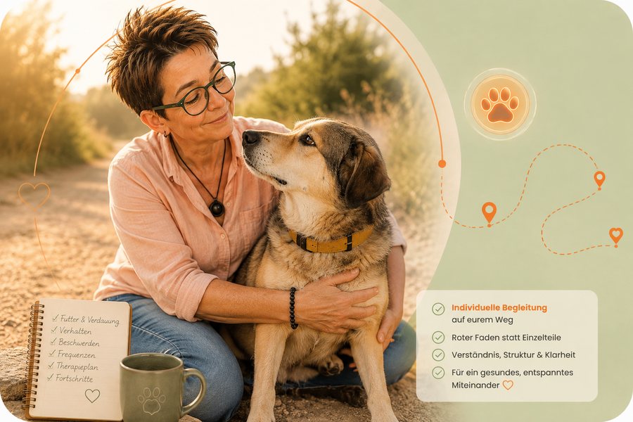 Kerstin sitzt draußen im Feld und hält ihren Hund im Arm, daneben ein Notizbuch mit Futter, Verhalten, Beschwerden und Therapieplan