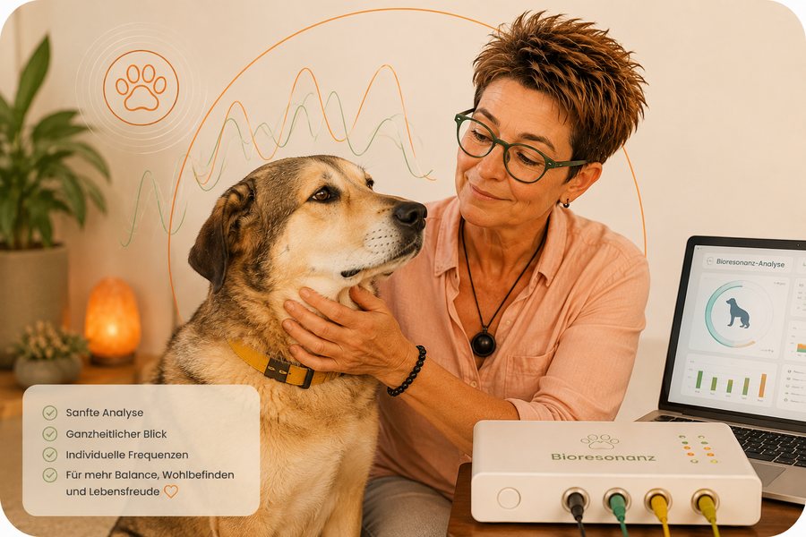 Kerstin sitzt mit ihrem Hund neben dem Bioresonanzgerät, auf dem Laptop daneben läuft die Auswertung
