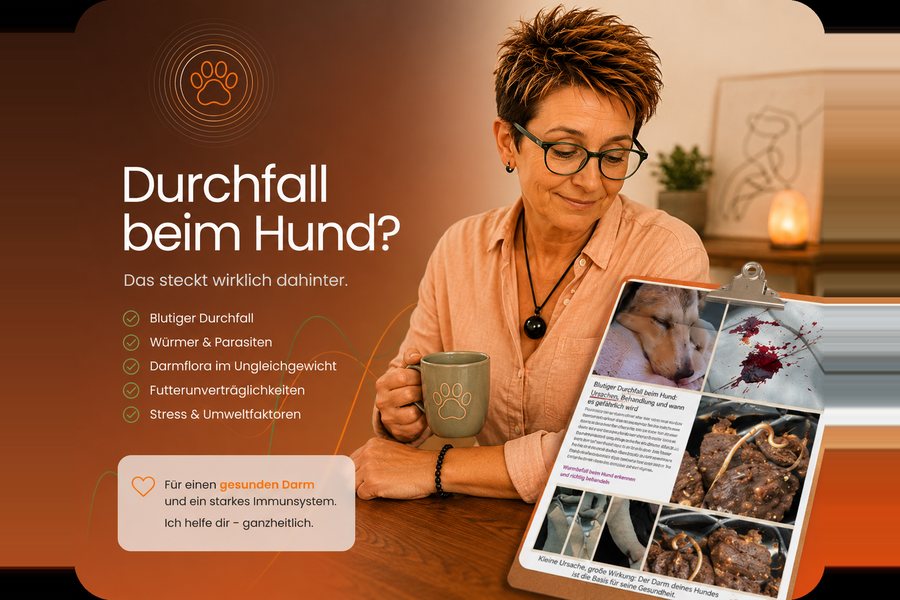 Kerstin sitzt mit einer Tasse am Tisch, daneben eine Seite aus der Masterclass über Durchfall beim Hund