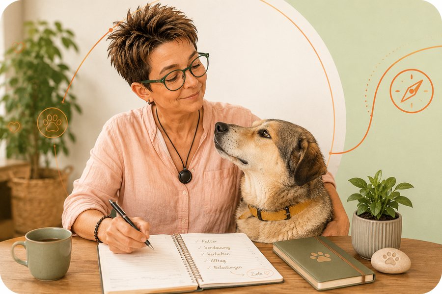Kerstin sitzt mit ihrem Hund am Tisch und schreibt Futter, Verdauung, Verhalten, Alltag und Belastungen in ein Notizbuch