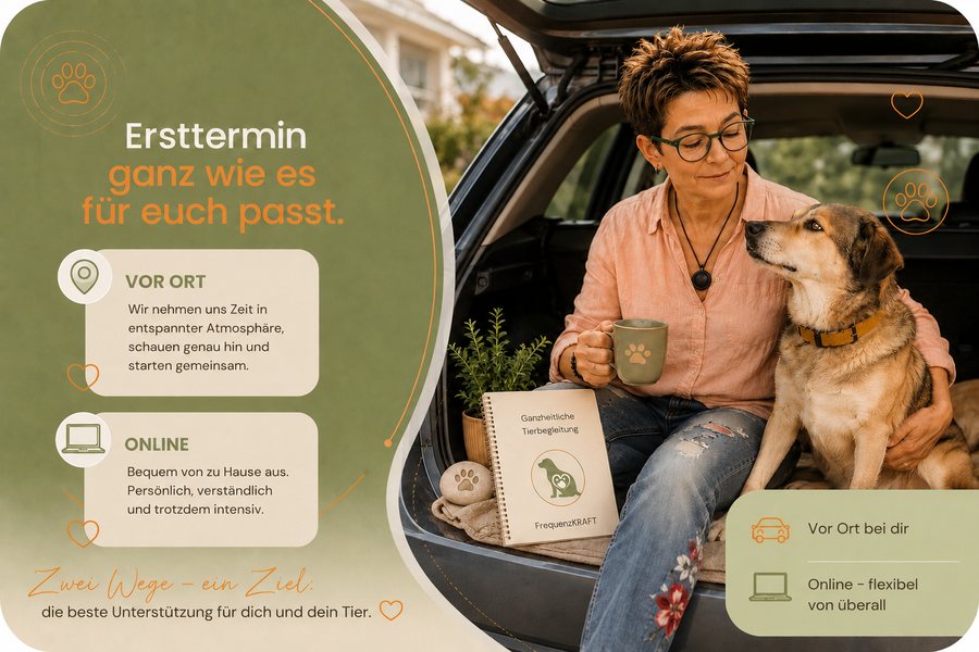 Kerstin sitzt mit ihrem Hund im offenen Kofferraum ihres Autos, daneben die Hinweise Vor Ort bei dir und Online flexibel von überall