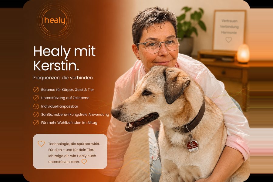 Kerstin kniet neben ihrem Hund, daneben die Überschrift Healy mit Kerstin und Frequenzen, die verbinden