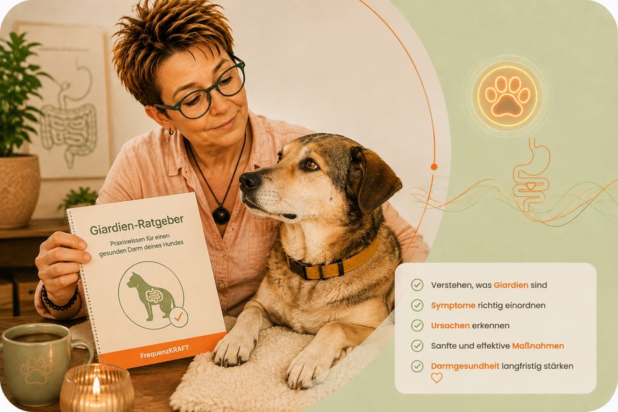 Kerstin hält den gedruckten Giardien-Ratgeber hoch, neben ihr liegt ihr Hund