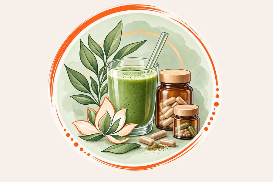 Gezeichnetes rundes Icon: ein grüner Smoothie neben zwei Gläschen mit Kapseln