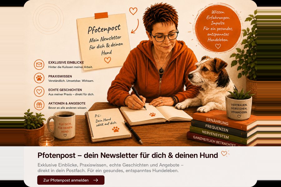 Kerstin sitzt schreibend am Tisch, neben ihr ein Hund, daneben ein Zettel mit der Aufschrift Pfotenpost, mein Newsletter für dich und deinen Hund