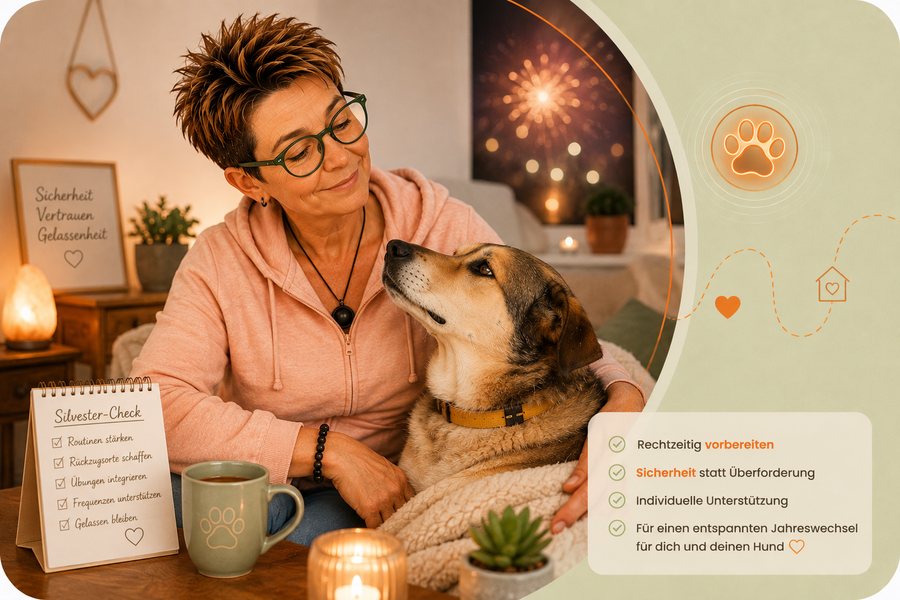 Kerstin sitzt mit ihrem Hund auf dem Sofa, daneben ein Silvester-Check mit Routinen und Rückzugsorten
