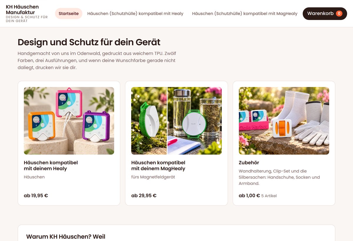 Die Startseite vom neuen Häuschen-Shop mit den drei Bereichen Häuschen, MagHealy-Häuschen und Zubehör